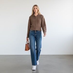 965 • Chocolate Two Way Zip Sailor Collar Cardigan Sweater Top